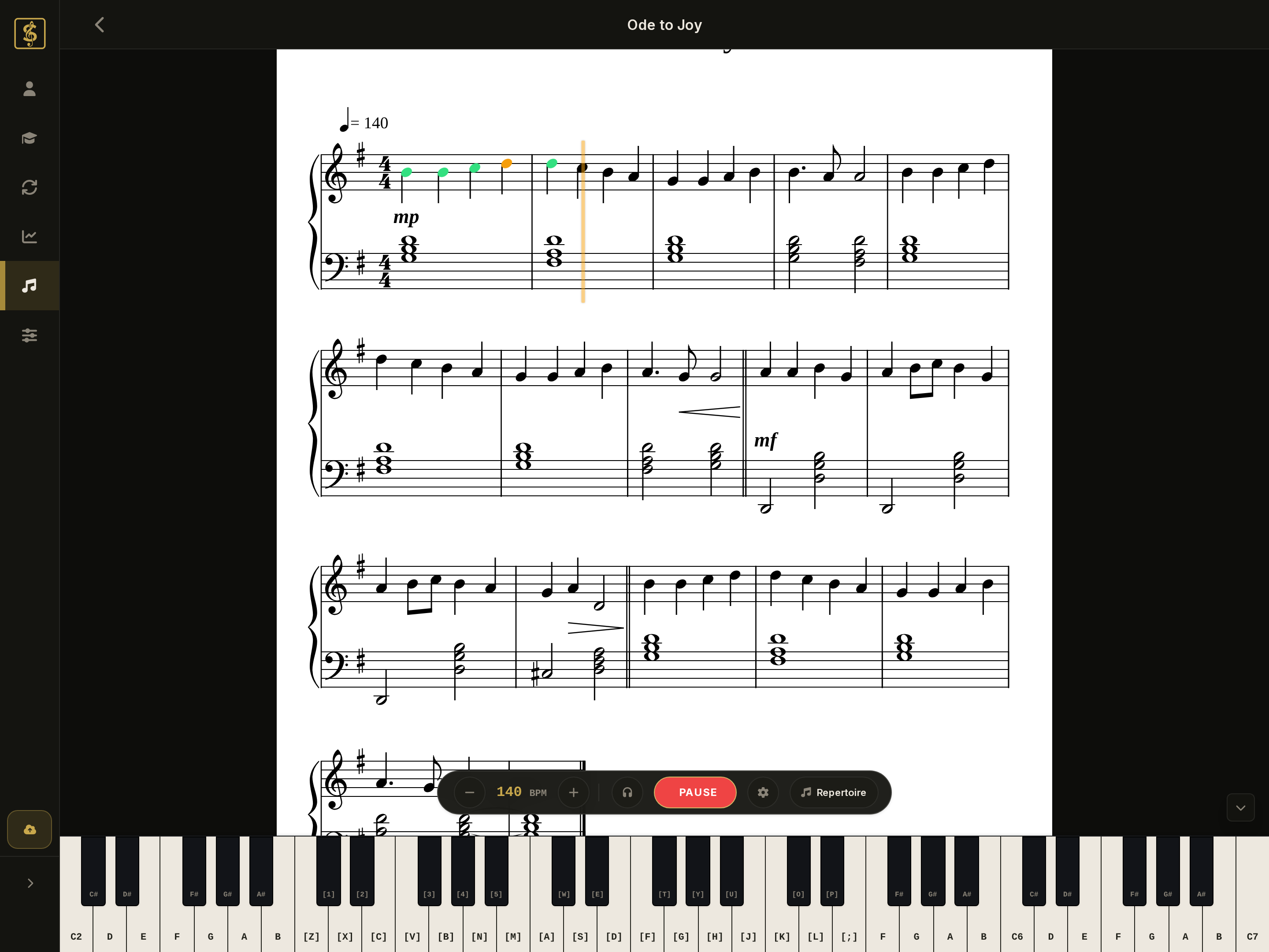 SightFlow practice interface: sheet music with real-time note feedback and virtual piano