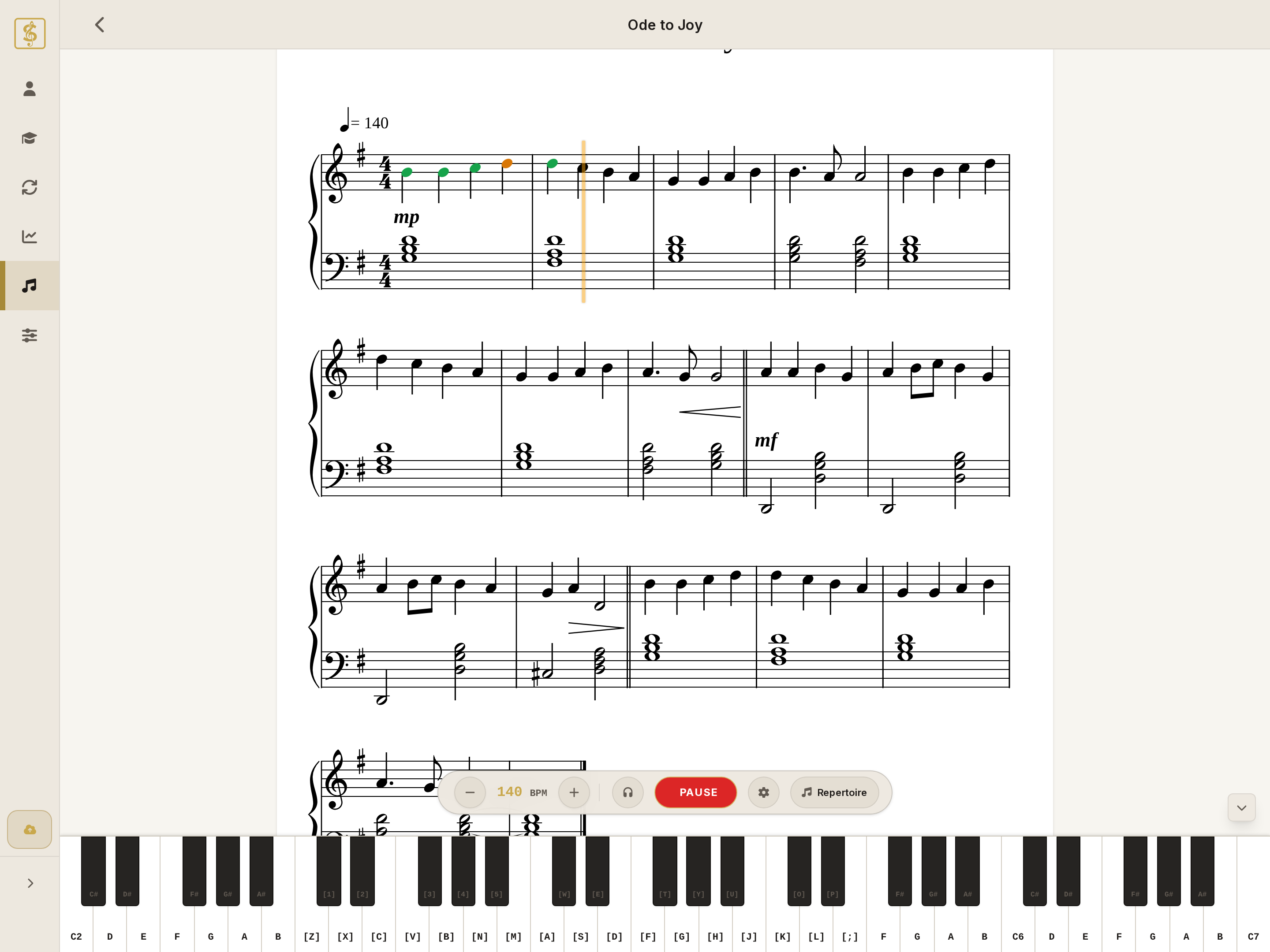 SightFlow practice interface: sheet music with real-time note feedback and virtual piano