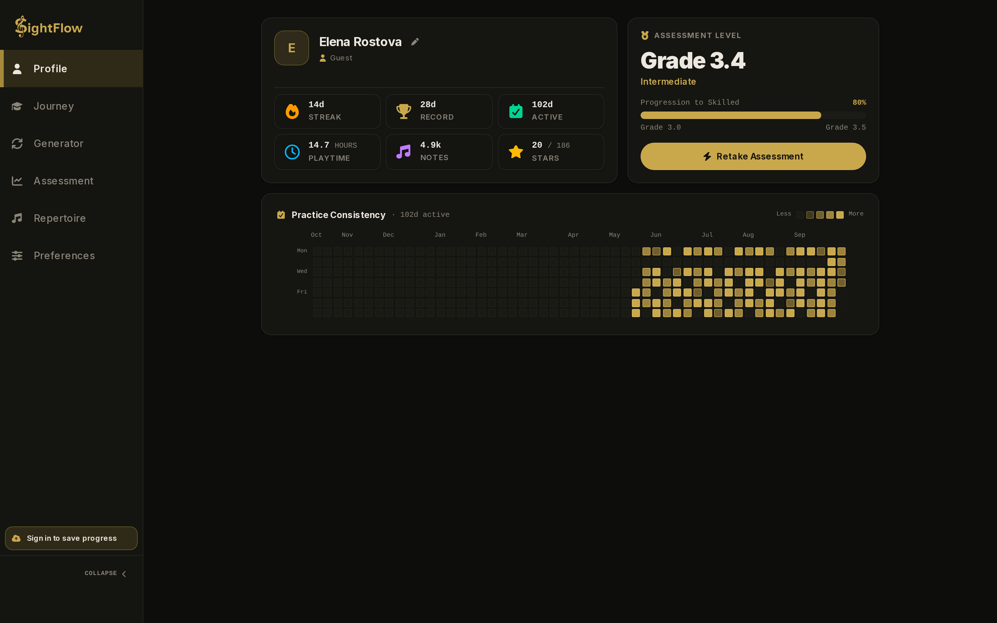 SightFlow profile showing grade 3.4 intermediate level, streaks and practice heatmap