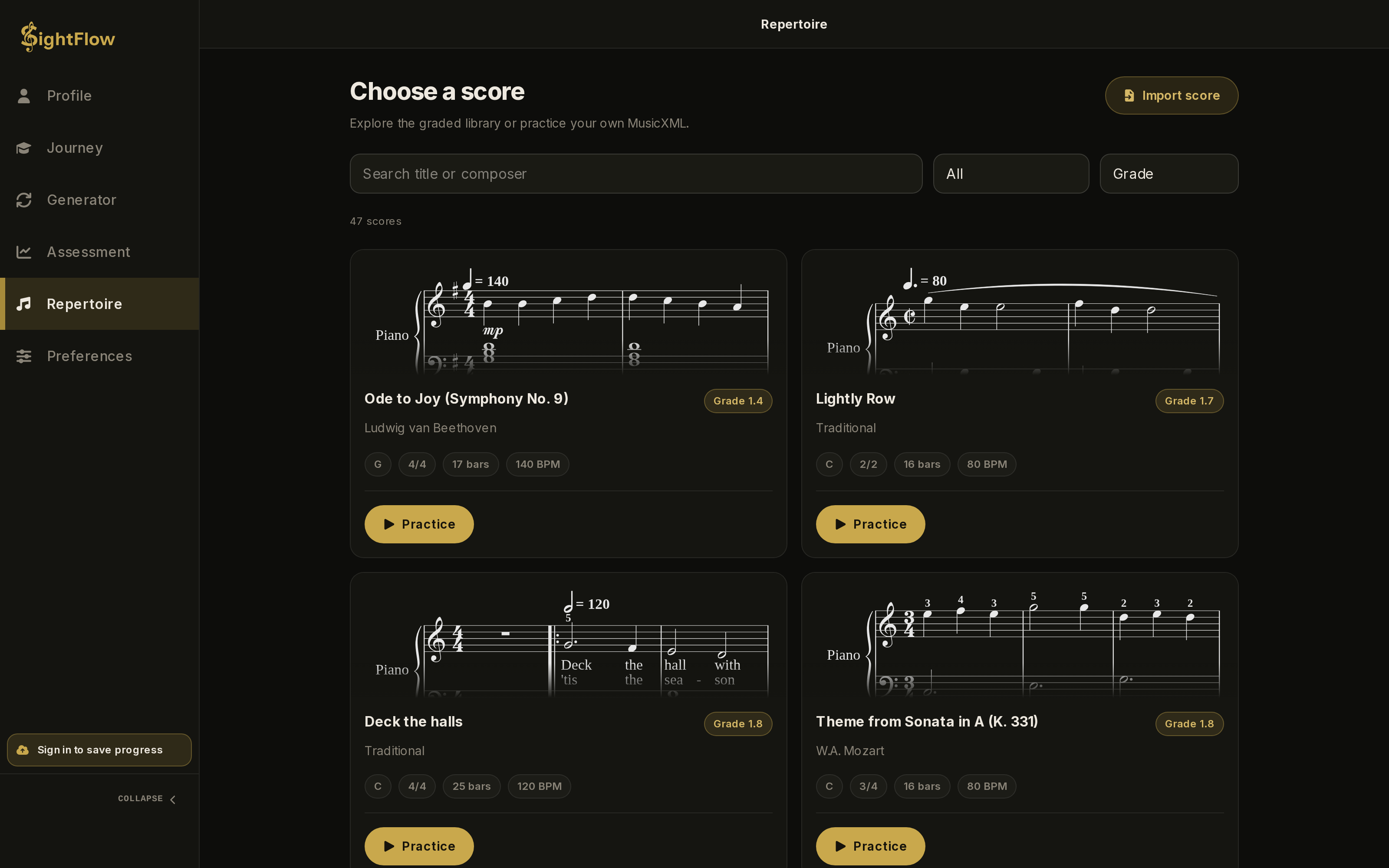 Repertoire catalogue with graded pieces